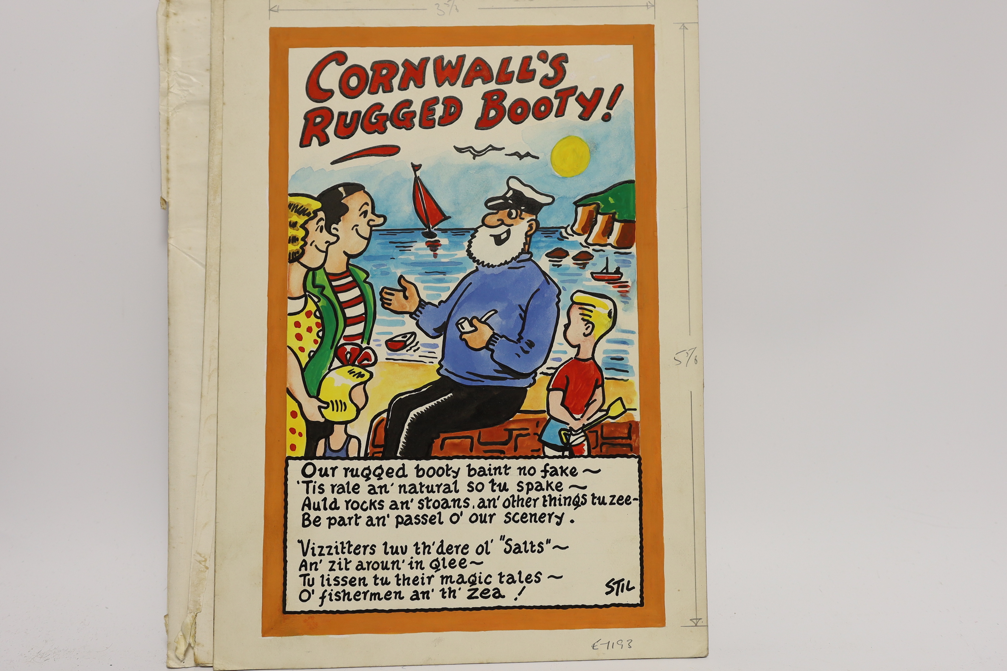 George Stillings, 'Stil' (1907-1967), set of six original gouache, postcard cartoon designs, Humorous Cornish subjects, 32 x 23cm, unframed